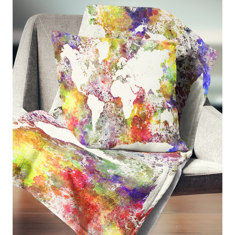 Carte du monde en couleurs - Coussin imprimé de cartes et drapeaux, 18 po x 18 po, Coussin décoratif