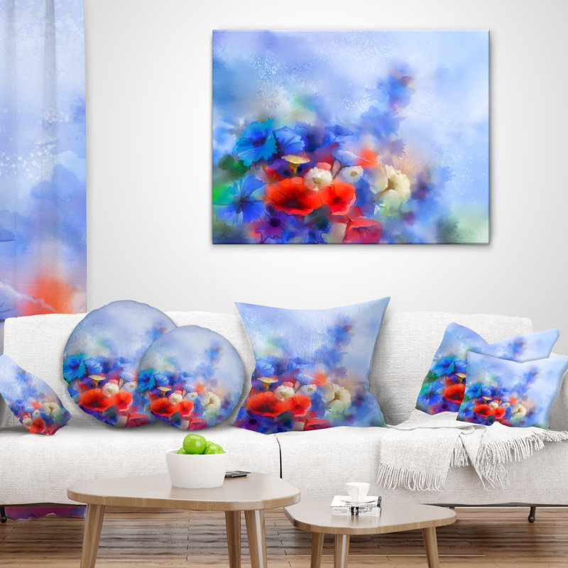 Coussin décoratif à fleurs bleues et coquelicots bleus