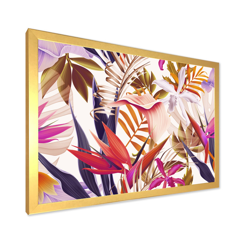 Fleurs tropicales rétro IV - Impression sur toile, H 24 po x l 32 po x P 1 po, Cadre doré