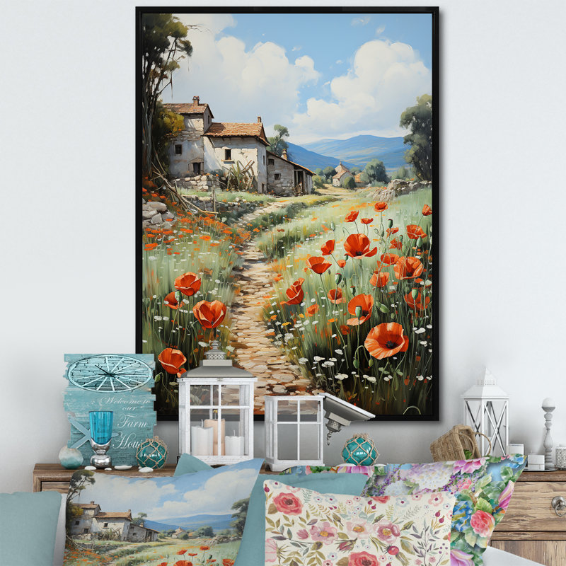 Poppy Field In Farm - Floral & Botanical Wall Art Living Room, H 20 po x l 12 po x P 1 po, Cadre flottant noir