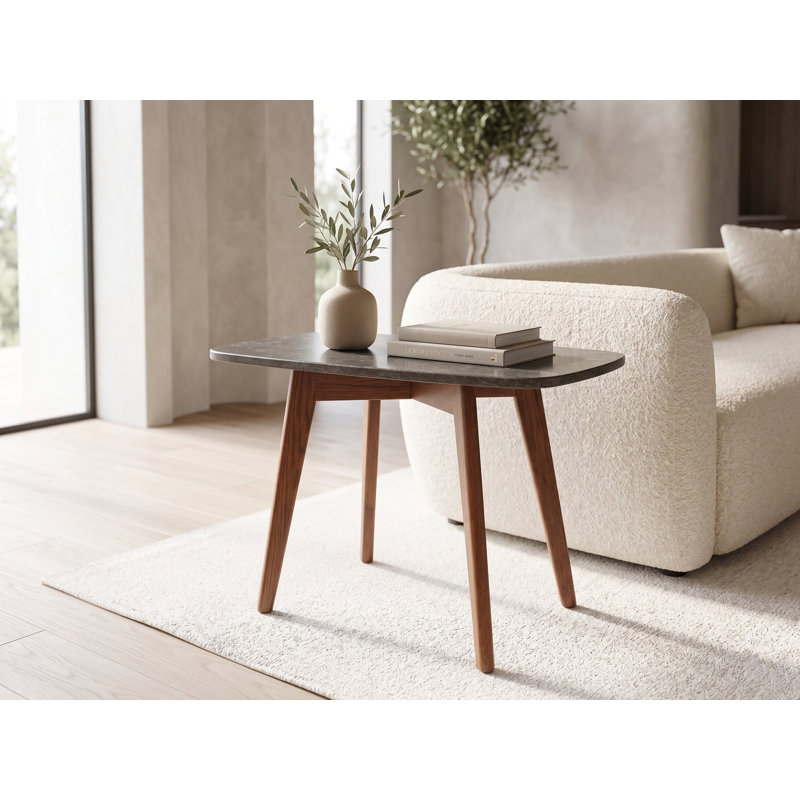 Marco 12" x 21" Rectangular Charcoal Bluestone Side Table with Walnut Legs