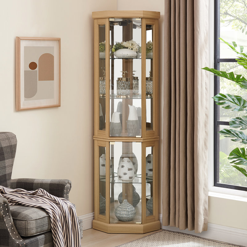 Corner Cabinet, Antique, Glass, - Display Case For Living Room, Collectibles, Wine And Bar Storage, Natural