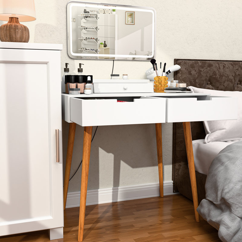 Meuble-lavabo de chambre à coucher blanc avec éclairage à 3 modes de couleur, miroir amovible et rangement ouvert pour lumières à DEL à intensité variable de 31,5 po, système à 2 tiroirs de 23,6 po x 13,7 po