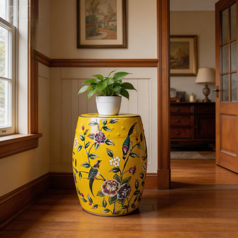 Tabouret en céramique fleur et oiseau