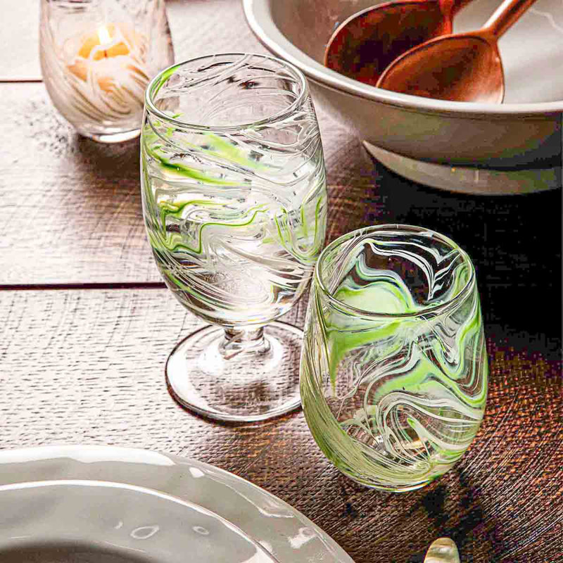 Puro Marbled Stemless Wine Glass, Green