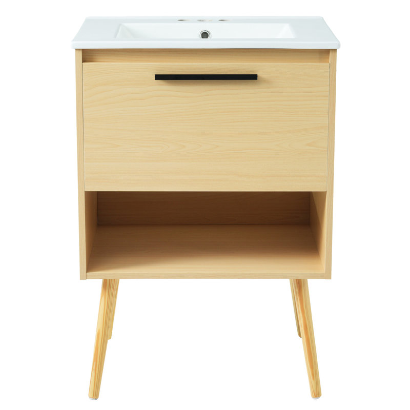 Lavabo de salle de bain 24 po - Lavabo de meuble-lavabo à tiroirs en bois massif naturel et céramique avec allure naturelle