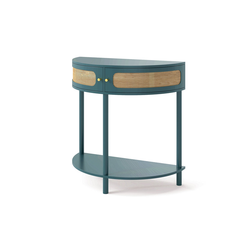 Unique Half Moon Design End Table With Sliding Rattan Door,Elegant Semi-Circle Entryway Console Table With 2 Rattan Storage Cabinet And Bottom Shelf