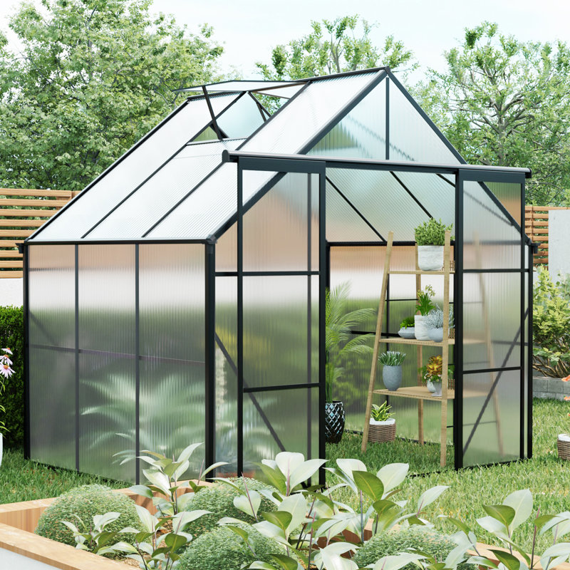 Double Door Polycarbonate Greenhouse Raised Base And Anchor Aluminum Heavy Duty Walk-In Greenhouses, Black
