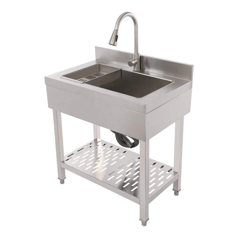 Stainless Steel Single Bowl Utility Sink Freestanding Workstation Sink Kitchen Sink With Pull-Out Faucet, Gray