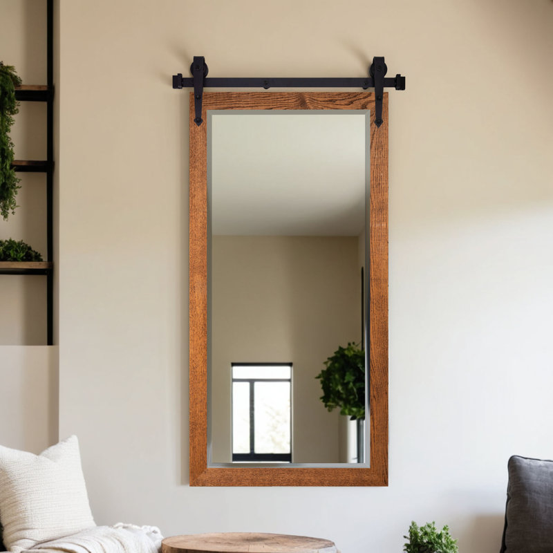 Ozark Hardwood Beveled Mirror With Steel Barn Door Rail, Honey