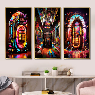 Jukebox Machine Neon Grooves I - Jukeboxes Canvas Prints Set Of 3