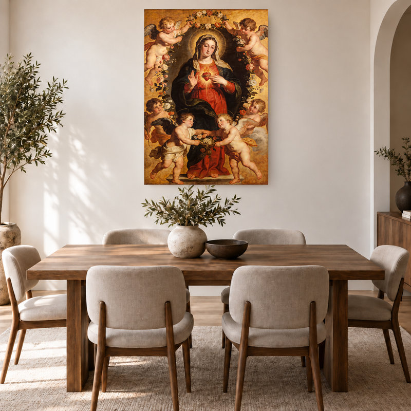 Sacred Heart Virgin Mary Cherubs Vintage Religious Canvas Wall Art, 45" H x 30" W