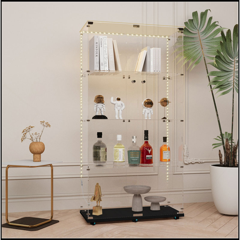 Vitrine en verre trempé, armoire à vin, armoire de rangement, classeur, avec bande DEL Bluetooth, peut être contrôlée par une télécommande ou une application mobile, roulettes pivotantes, peut être placée n'importe où