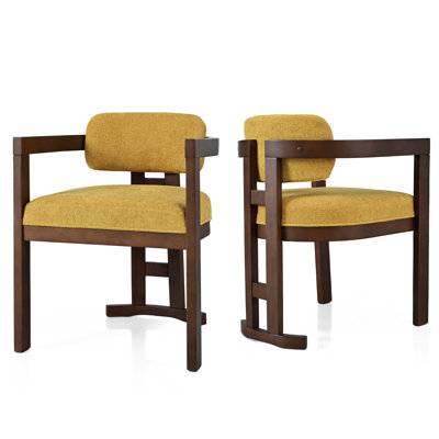 Chaise de salle à manger intérieure rembourrée 2 - Jaune et noyer. Fabriqué en bois d'hévéa. Revêtement élégant. Structure stable. 59 cm L x P x H 76 cm. Assemblage requis. Construction de 5 cm pour un look chic. Confortable. 58 cm L x 58 cm P