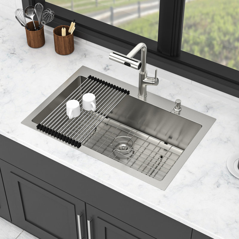 Évier de cuisine à montage sur plan avec robinet escamotable, distributeur de savon et support de séchage à roulettes - Pinces d'installation pour cuve simple en acier inoxydable de calibre 16 T304