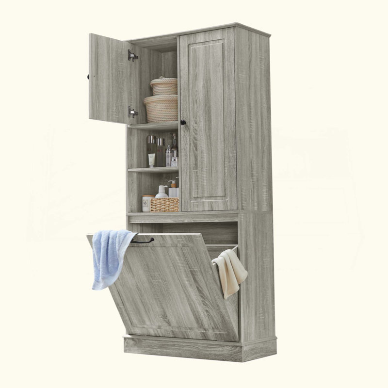 Tall Storage Cabinet With Adjustable Shelves, Large Flip-Out Basket & Enclosed Cabinets –  For Bathroom, Living Room, Or Office, MDF Material With Aluminum Alloy Handles