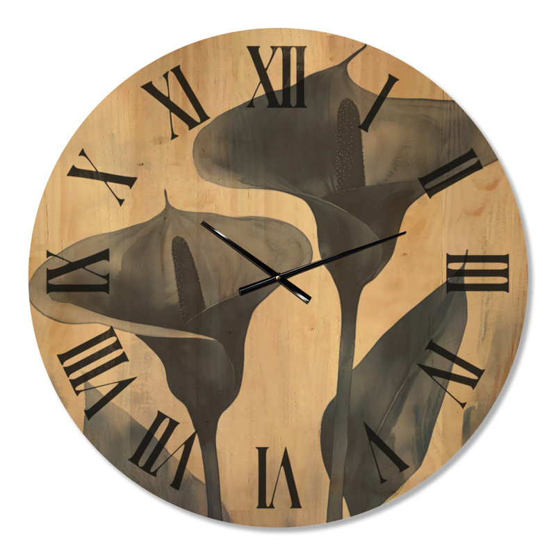Horloge murale ronde en bois à motif botanique Indigo Calla Lilies II, Extra Large