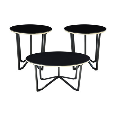 Black Tempered Glass Top 3Pc Coffee Table And End Tables With Metal Legs For Room Decor Frame Occasional Modern Home Interior