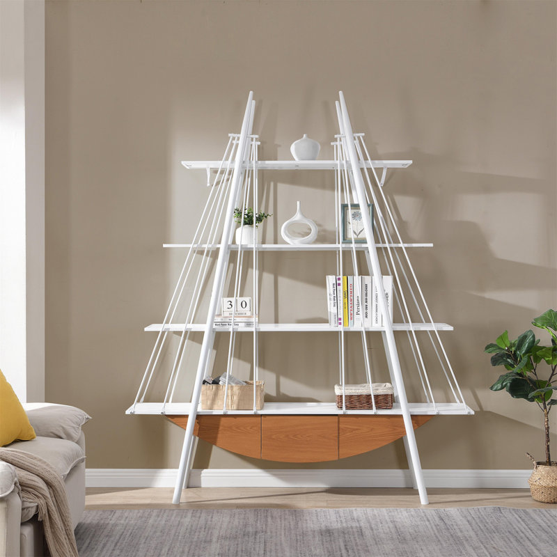 Sailboat-Inspired Industrial 4-Tier Open Storage Shelf With Drawer, Wooden & Metal Freestanding Bookcase For Living Room And Office