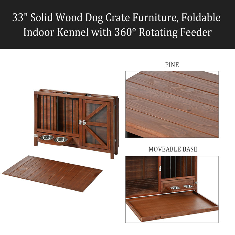 Mobilier de caisse pour chien en bois massif 33 po, chenil d'intérieur pliable avec table de bout multifonctionnelle rotative à 360 ° pour petits et moyens chiens, cage pour animaux portable avec plateau amovible et assemblage facile