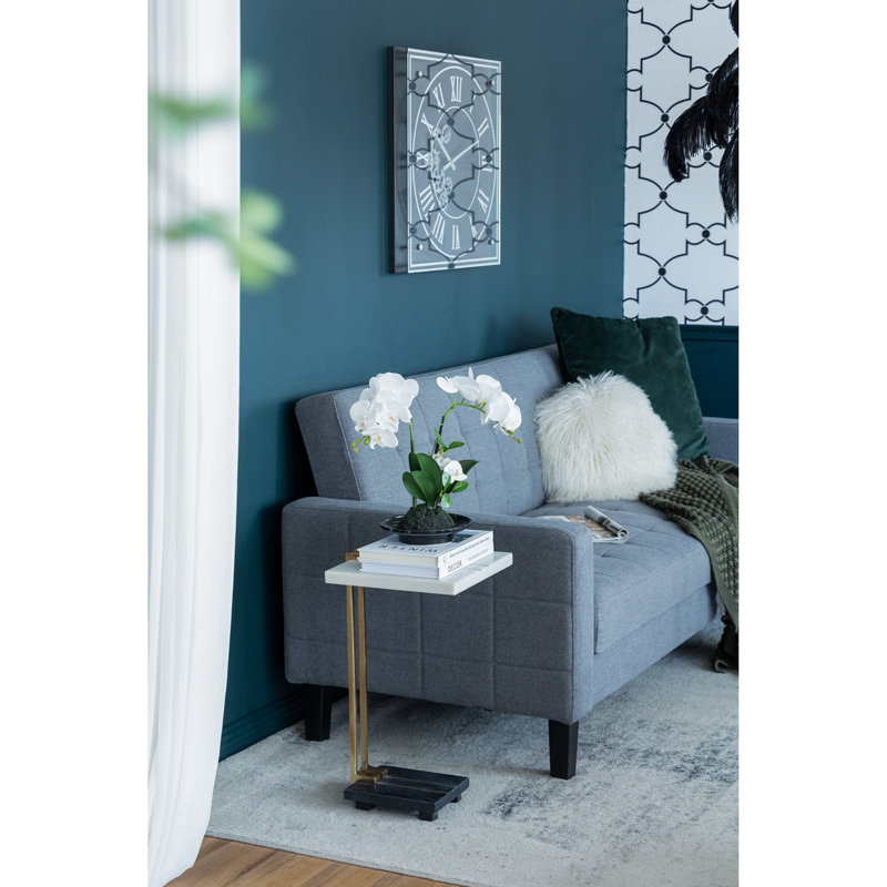 Meuble en marbre, cadre en aluminium, 12,5 x 12 x 22 po, blanc / or / noir, pour le salon, la chambre à coucher, la table glamour contemporaine du vestibule,