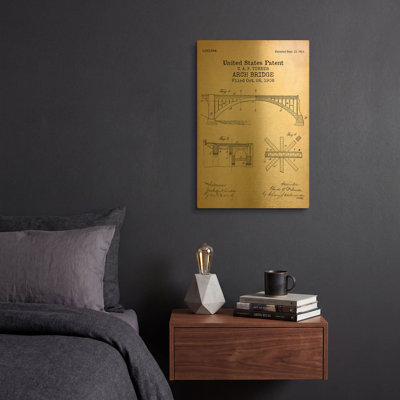 «Arch Bridge Blueprint Brevet Parchment» par LUXE, art mural en métal doré, 12 po x 16 po