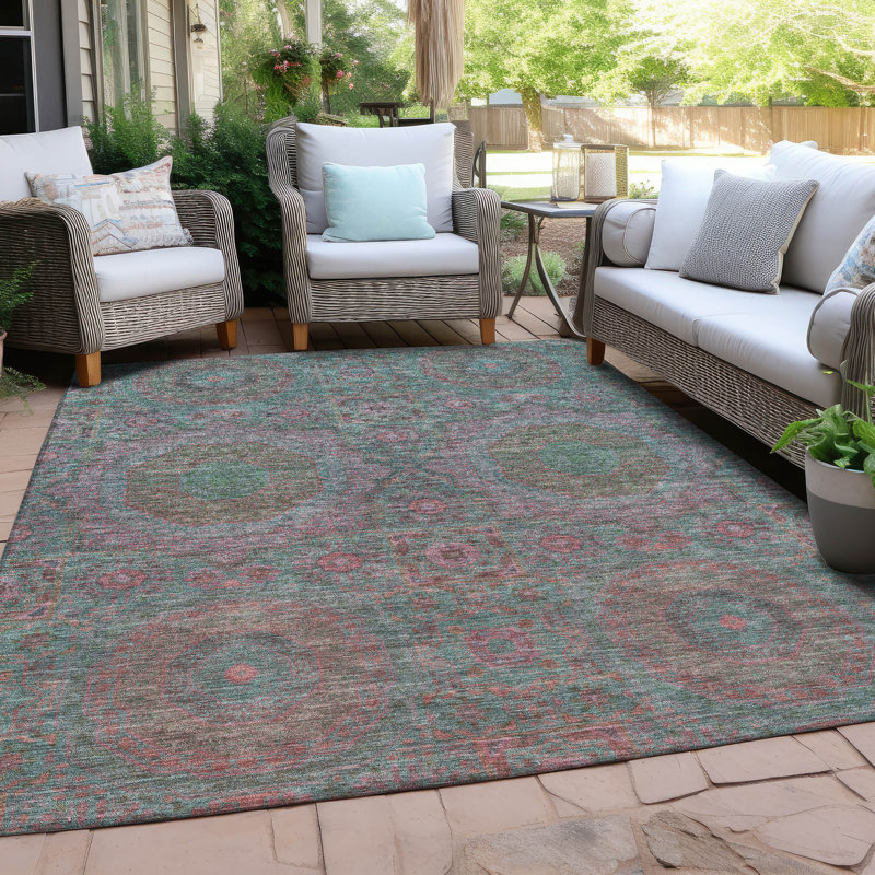 Tapis bleu sarcelle lavable à la machine intérieur / extérieur Xhevrie, Rectangle 9 pi x 12 pi