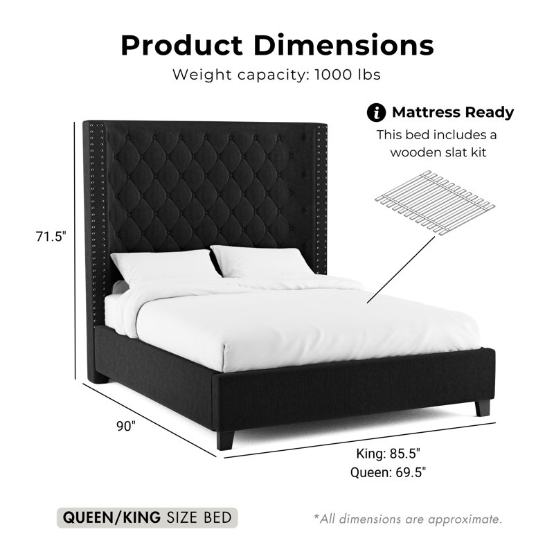 Charette Upholstered Wingback Bed, Queen, Dark Gray