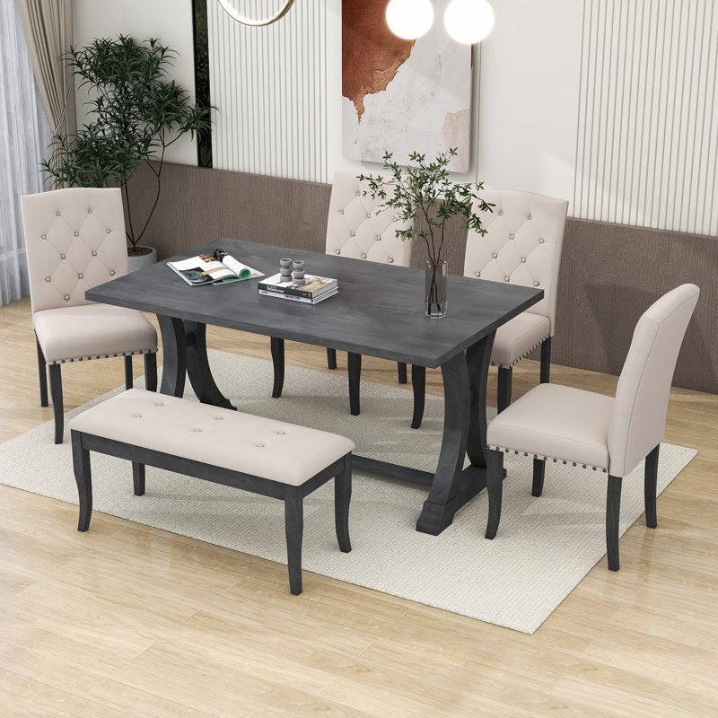 Govany 6 - Person Dining Set, Antique Gray, Antique Gray, Antique Gray/Beige