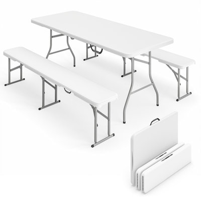 6FT 3-Piece Portable Picnic Table Bench Set, Folding Camping Table and Chairs with Carrying Handles for Indoor Outdoor Use, Camping, BBQ, Party, Event, White