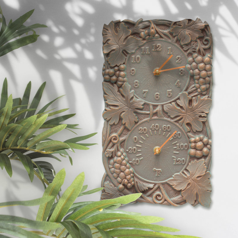 Grapevine Indoor/Outdoor Wall Clock and Thermometer, Copper Verdigris