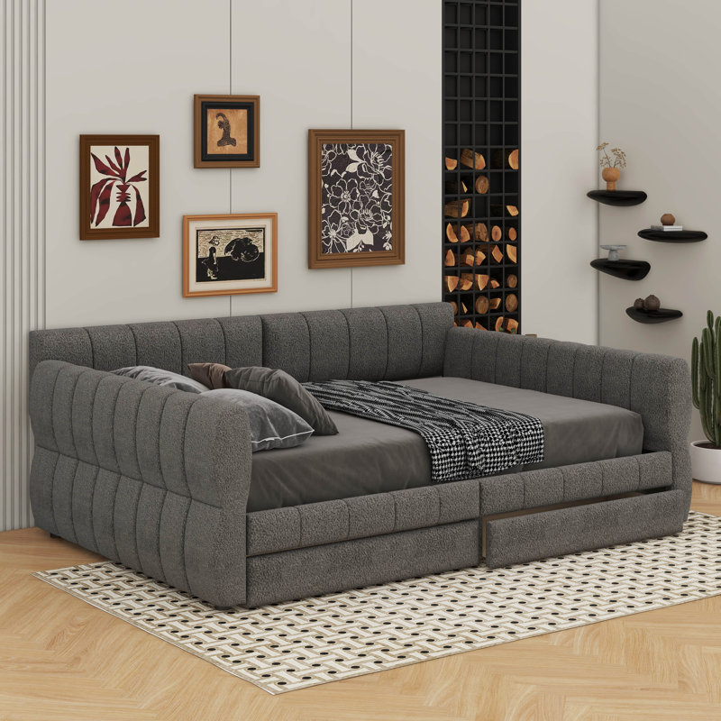 Grand lit plateforme tapissier avec port USB et tiroirs, Gris