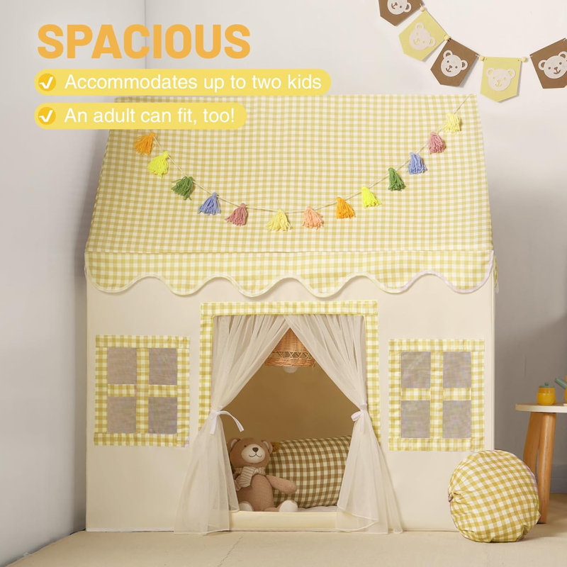 Kids Indoor Play Tent with Mat Tassel Garland and Star Lights, Yellow