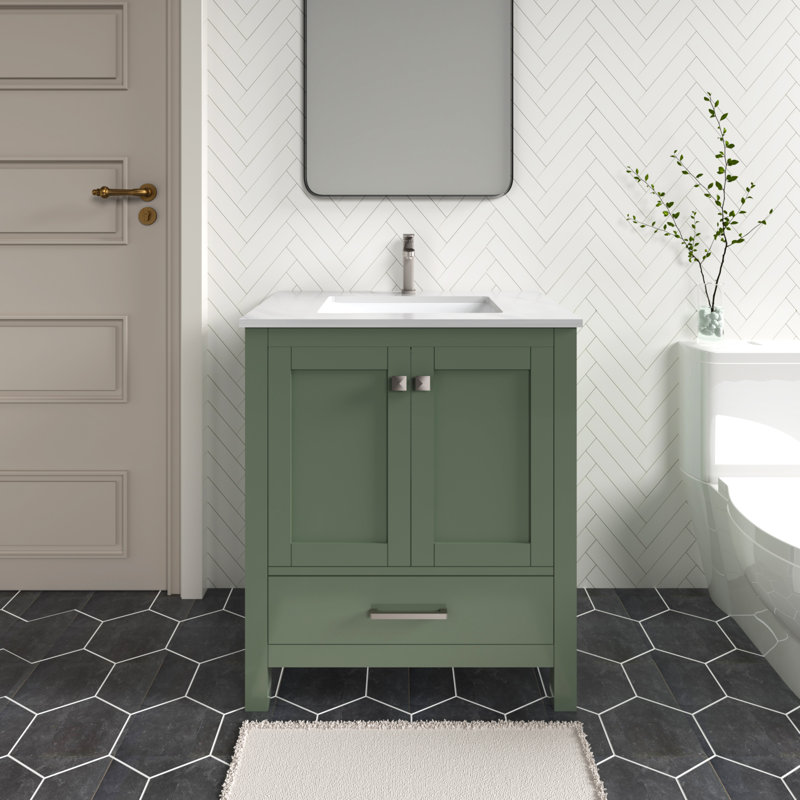 Ensemble de meuble-lavabo autoportant 30 po Anvay en vert forêt avec comptoir en quartz de Carrare, Quartz - blanc de Carrare
