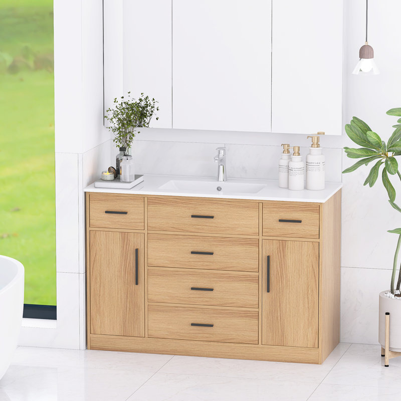 Meuble-lavabo autoportant moderne moderne de 48 pouces avec lavabo simple en résine, avec 6 tiroirs à fermeture douce, 2 portes