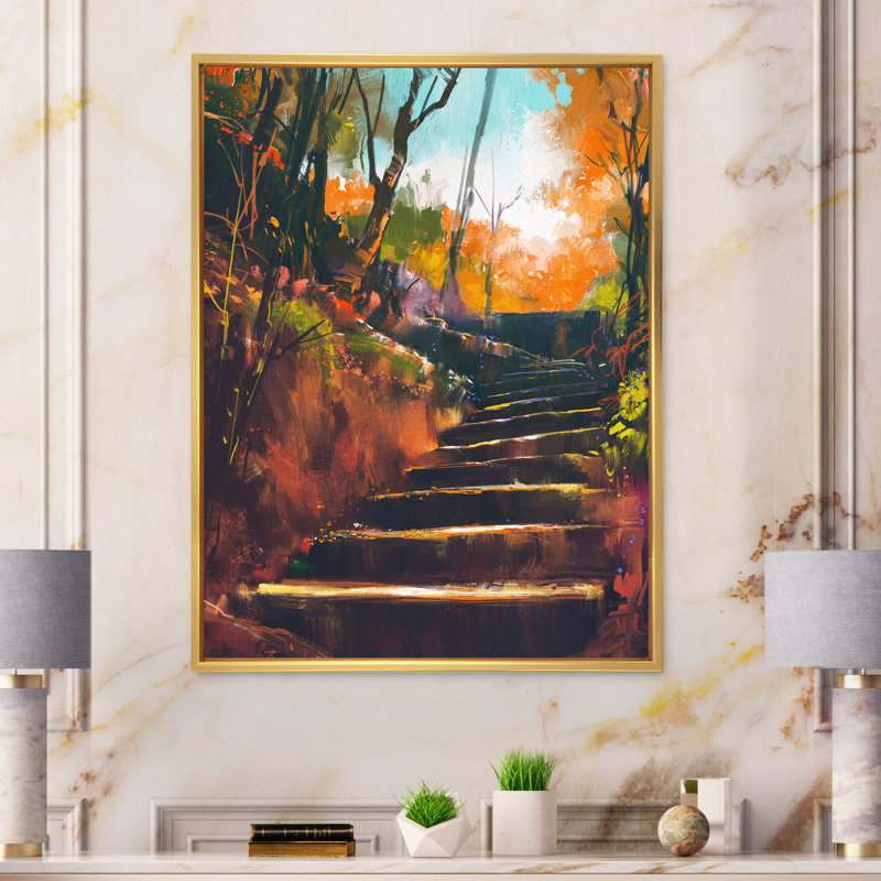 Stone Stair Path In Autumn Forest - reproduction d'art sur toile traditionnelle, H 33 po x l 16 po, Cadre doré