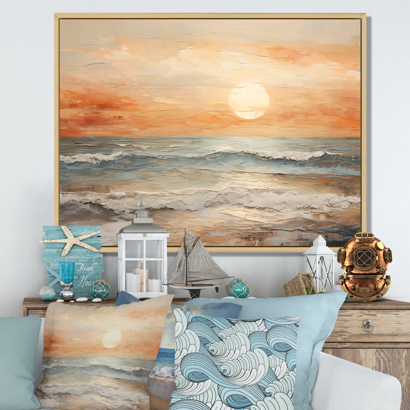 Art sur toile, coucher de soleil sur la plage, H 16 po x l 32 po x P 1 po, Cadre naturel flottant