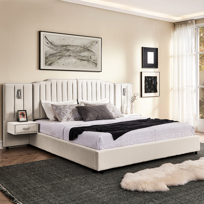 Structure de lit tapissier beige très grand avec motif à rayures verticales, boutons, table de chevet et lit plateforme à lampe réglable, tête de lit élégante en velours, facile à construire, beige, sans sommier tapissier,