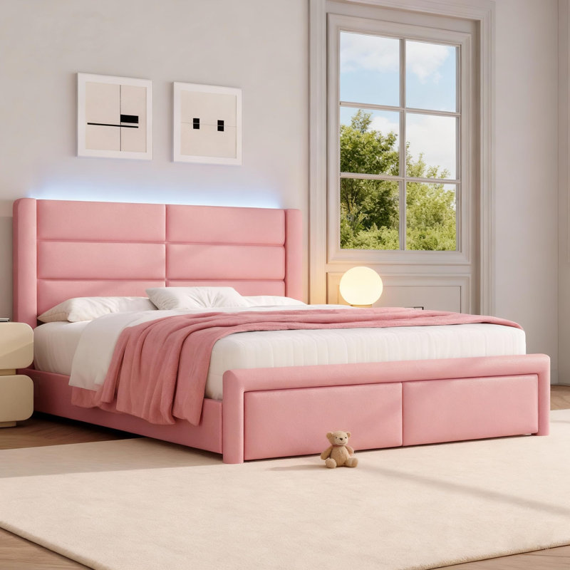 Ensemble de lit plateforme tapissier à DEL avec 2 tables de chevet modernes à DEL - ensemble de chambre à coucher 3 pièces