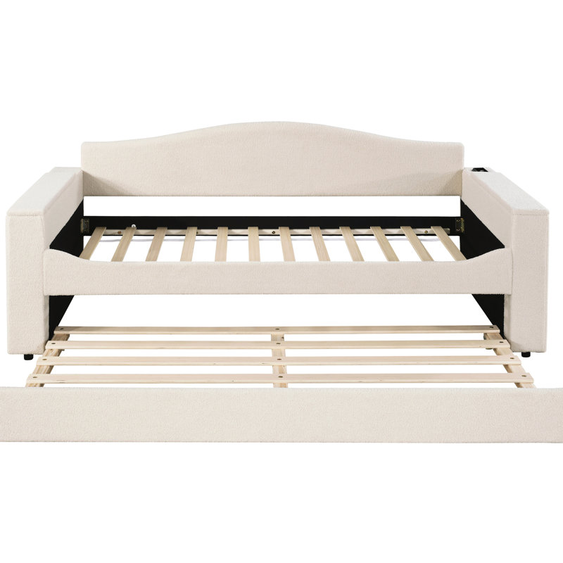 Lit de jour simple beige avec rangement et lit gigogne, audio pour une ambiance relaxante Lit gigogne rembourré beige, temps amusant et amusant
