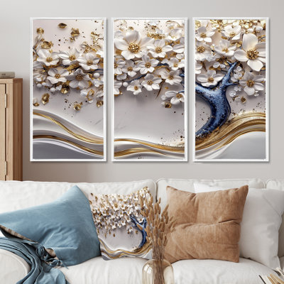 White & Blue Cherry Blossom Garden Of Branches III - Cherry Blossom Wall Art Print Set