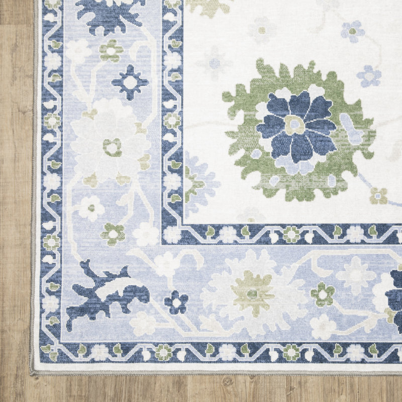 Kugler Floral Traditional White/Blue Printed Washable Flat Pile Area Rug, Runner 2' x 7'