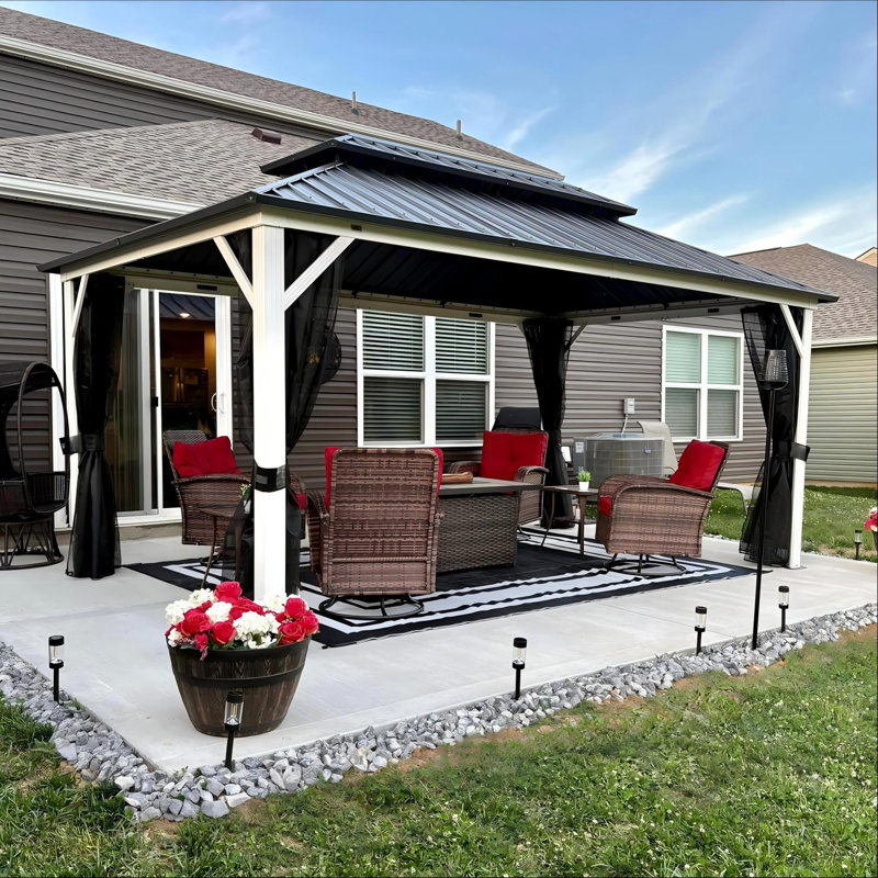 Pavillon de jardin à toit double 12 pi x 16 pi à toit rigide en mauve avec rideau et filet pour patio, jardin et cour arrière mauve