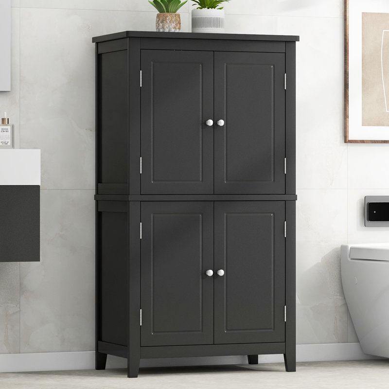 Elegant Bathroom Floor Storage Cabinet,Freestanding Cabinet with Adjustable Shelves, Black