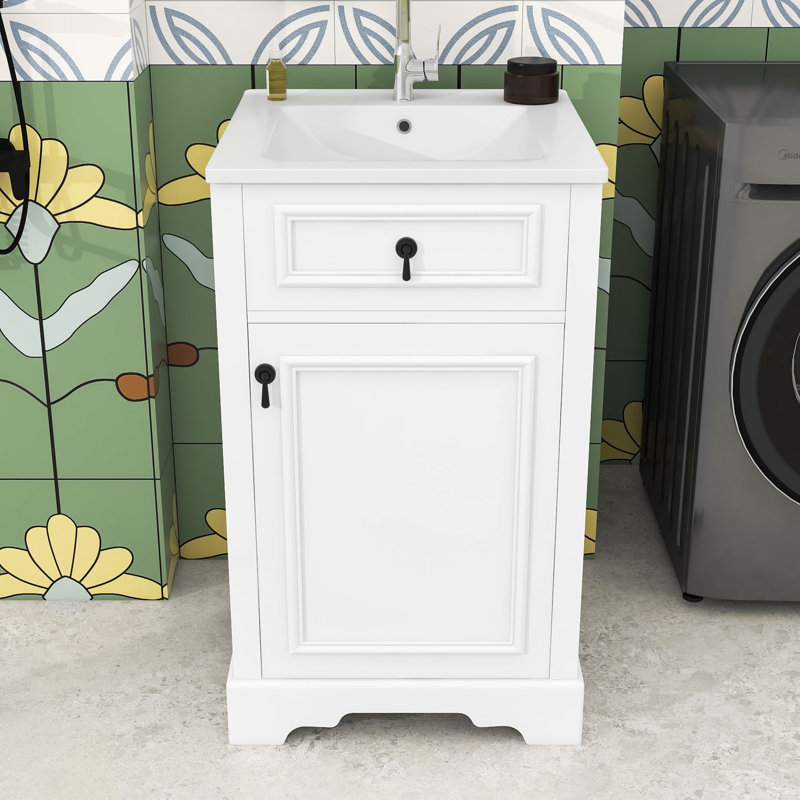 Meuble-lavabo simple contemporain en bois avec porte à fermeture douce, lavabo en céramique et tablette réglable, Blanc