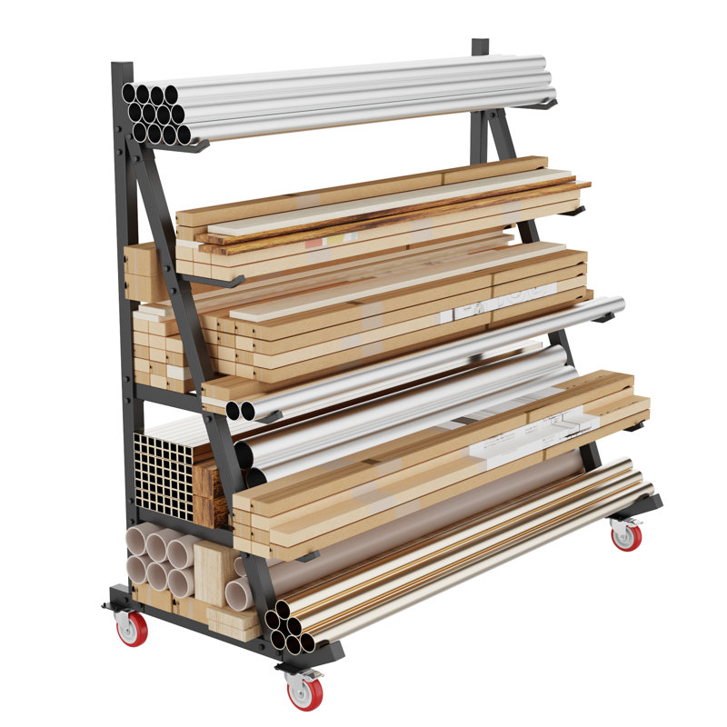 Support de rangement robuste en bois d'œuvre, tuyau en acier allié horizontal et support en bois avec roues - organisateur d'atelier de garage mobile à 5 niveaux (l 50 po x P 25,6 po x H 63 po)
