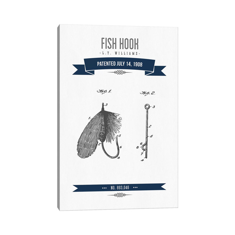 L.Y. Williams Fish Hook Patent Sketch Retro (Navy Blue) by Aged Pixel - Wrapped Canvas Print