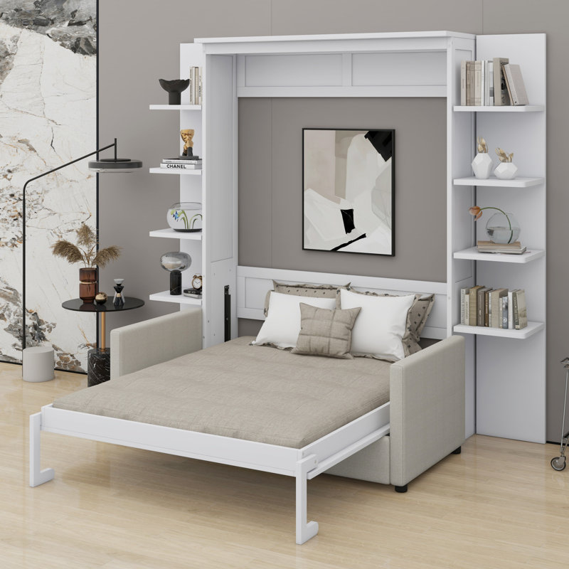 Armoire lit escamotable en bois avec tablettes de rangement et canapé, Blanc