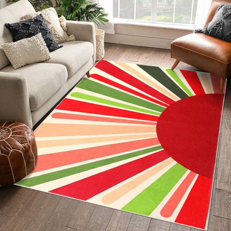 4x6 Area Rug, Machine Washable Colorful Area, Non Slip Rug for Living Room, Indoor Non-Slip Carpet, Modern Minimalist Front Door Mat, Sun Accent Rug for Bedroom, Playroom, Red/Green