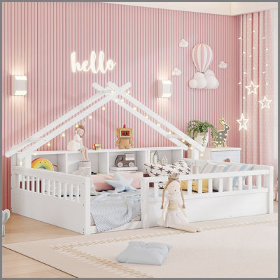 Lit double sur pied avec lumière, lit sur pied en bois avec tablettes de rangement, lit sur pied avec toit pour enfants, blanc